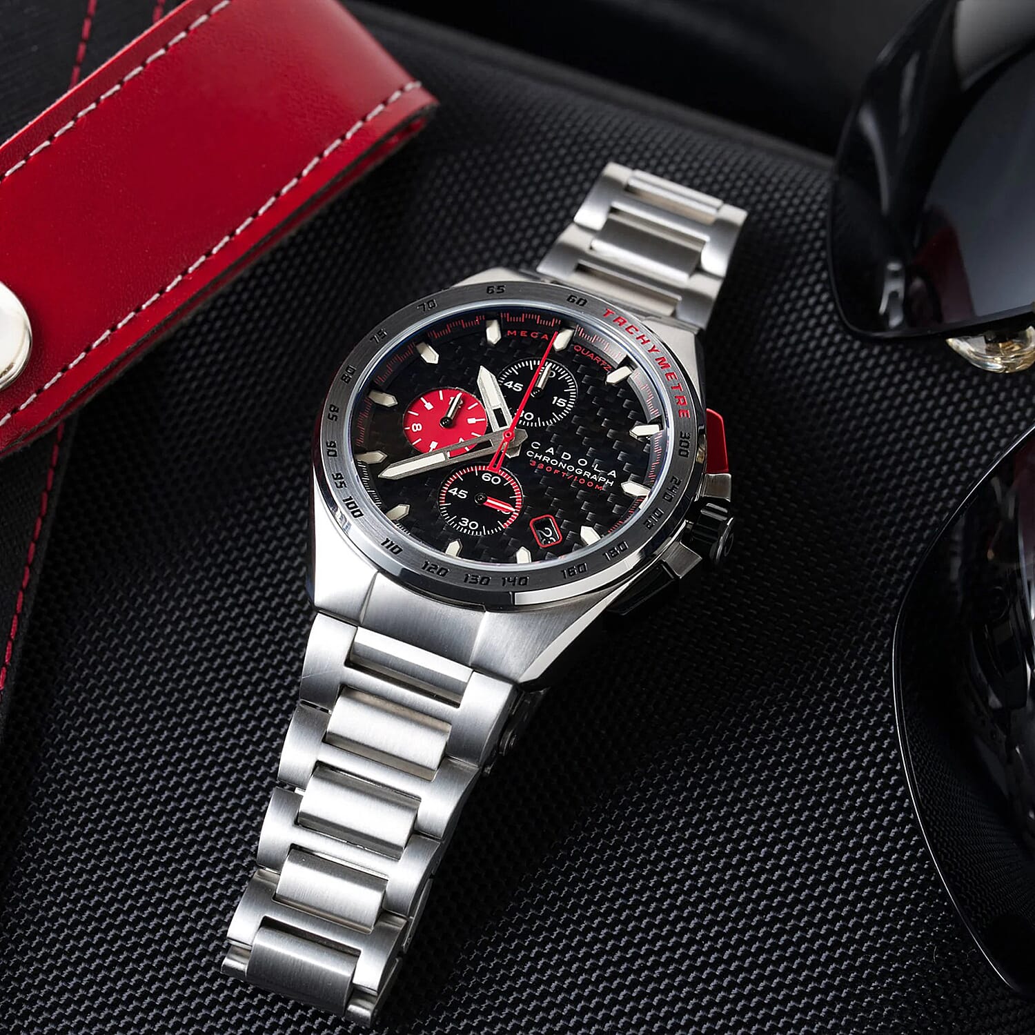 Exclusive Hour Offer - CADOLA Peterson Japanese Movement Black & Red Dial 10ATM Water Resistant Watch with Stainless Steel Chain Strap Complimentory Nusound Earbud