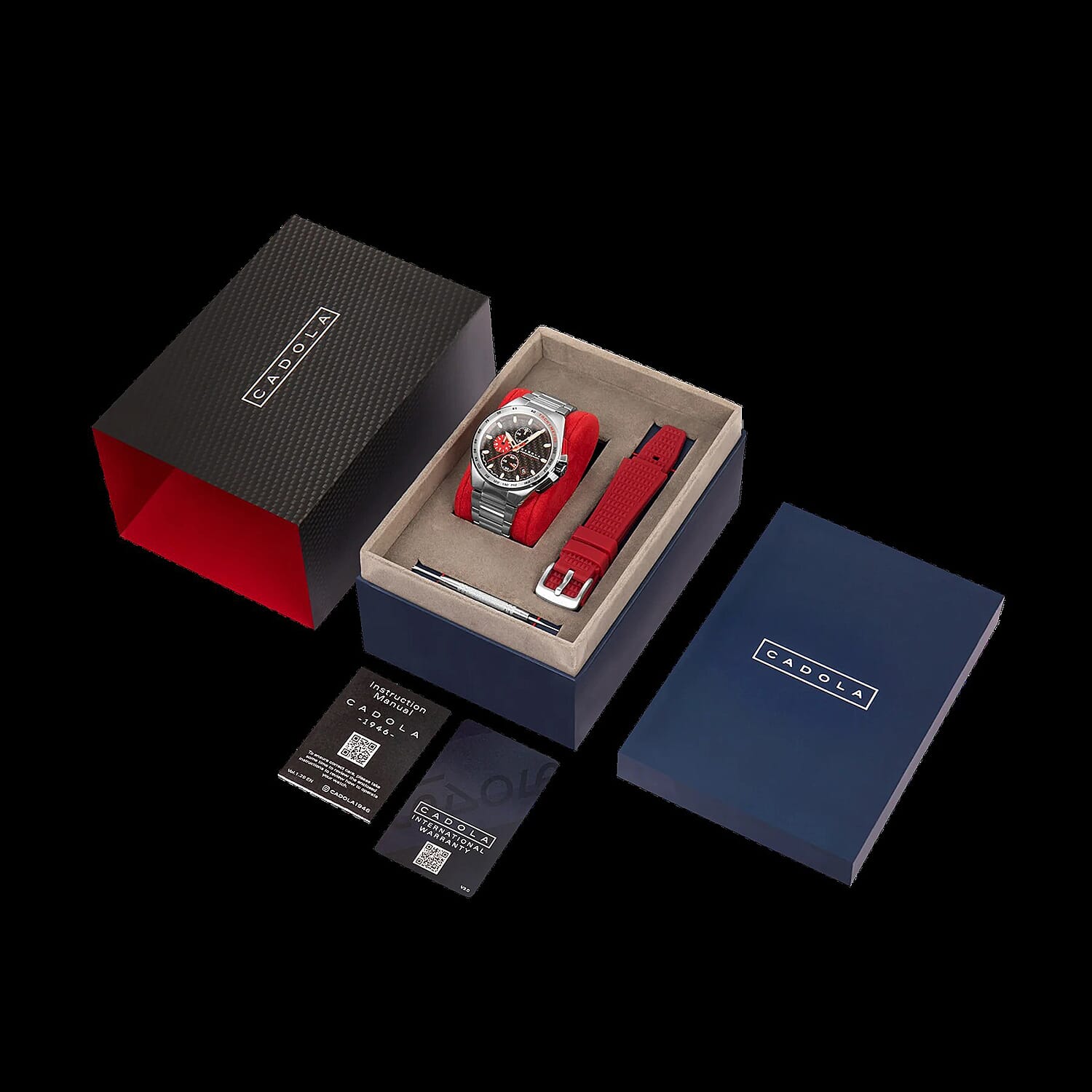 Exclusive Hour Offer - CADOLA Peterson Japanese Movement Black & Red Dial 10ATM Water Resistant Watch with Stainless Steel Chain Strap Complimentory Nusound Earbud