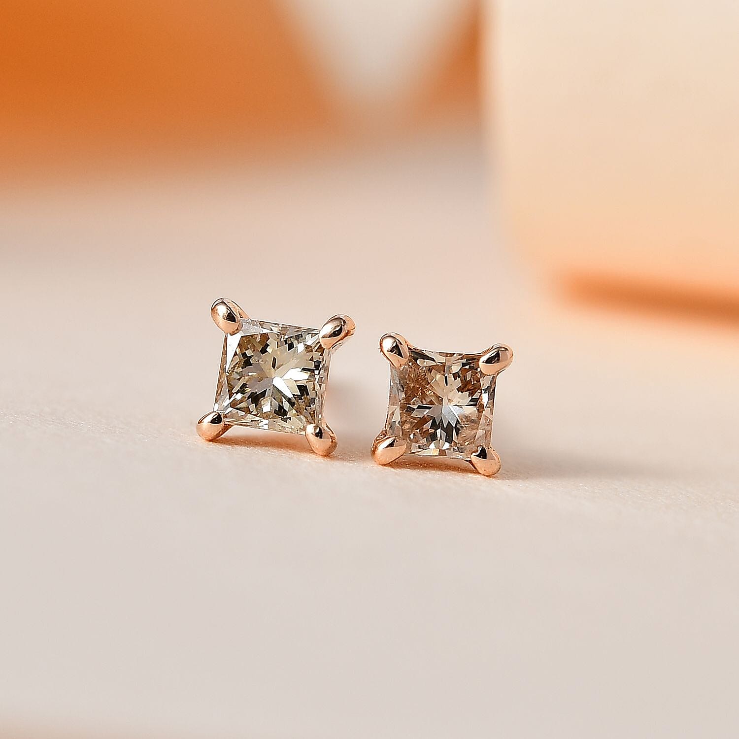9K Rose Gold SGL Certified Solitaire Champagne Diamond Earrings with Push Back 0.20 Ct.