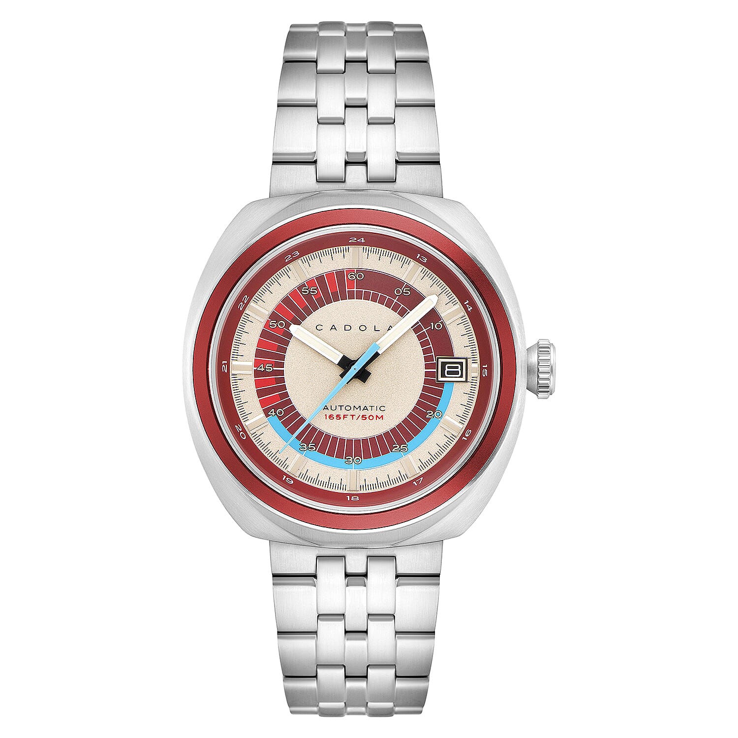 CADOLA Giulia Automatic Movement with 3 Hands Date Red Dial 5ATM Water Resistant Mens Watch with Stainless Steel Bracelet