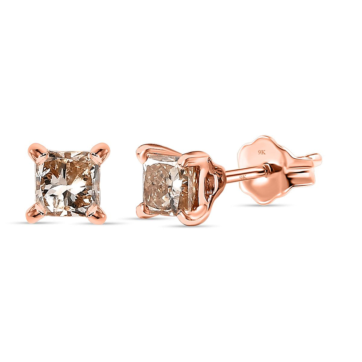 9K Rose Gold Solitaire Champagne Diamond Stud Earrings 0.25 Ct.