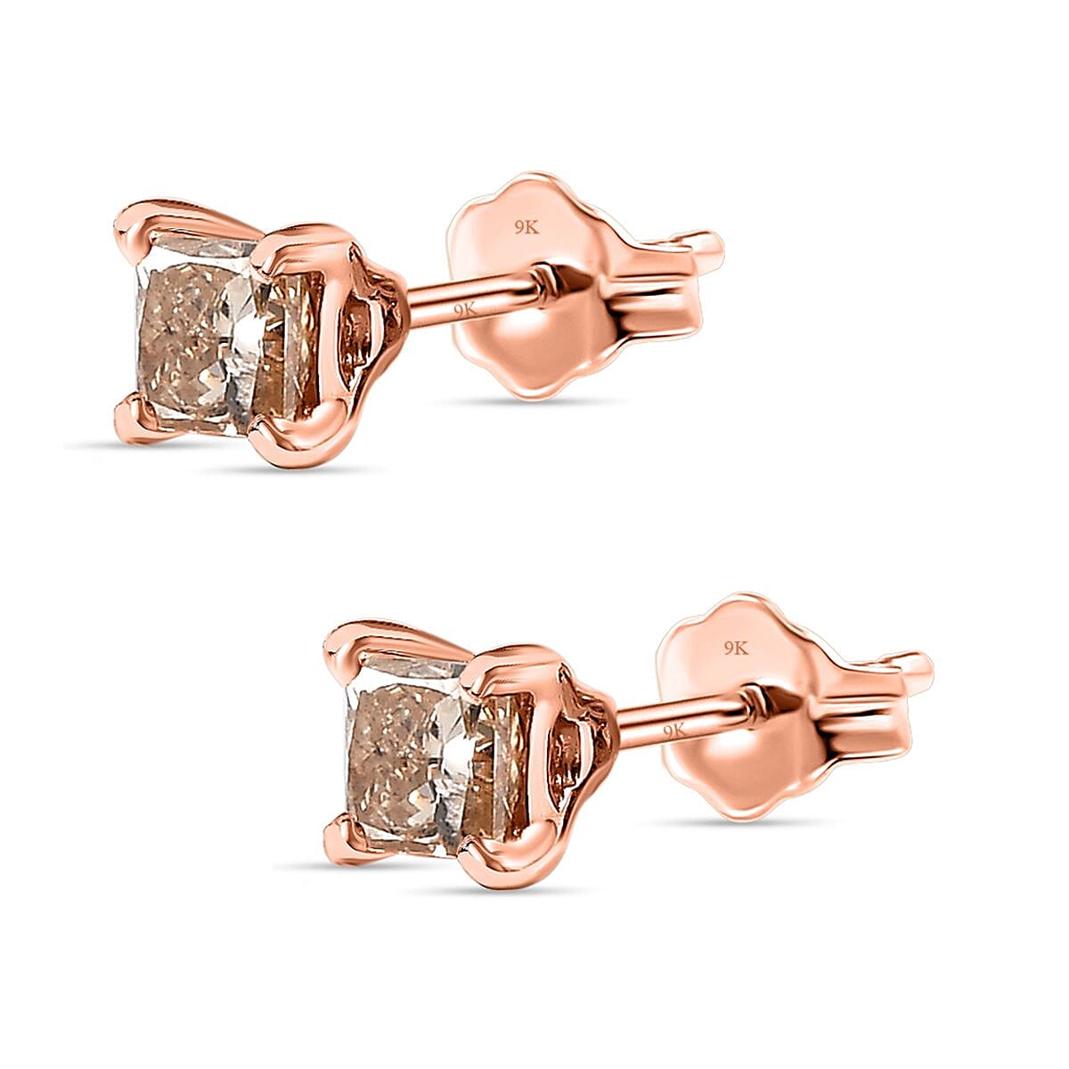 9K Rose Gold Solitaire Champagne Diamond Stud Earrings 0.25 Ct.