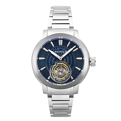 SCHILD Freidrich Mechanical Tourbillion Limited Edition Mens Navy Dial 10ATM Water Resistant Watch With Stainless Steel Chain Bracelet & Navy Strap