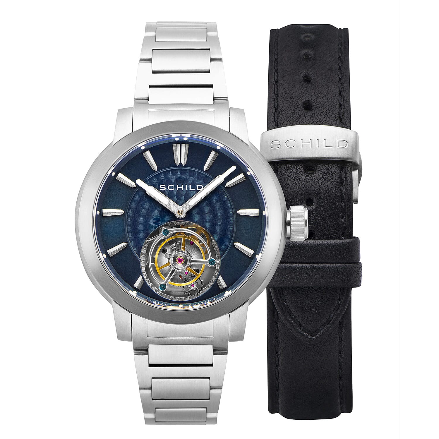 SCHILD Freidrich Mechanical Tourbillion Limited Edition Mens Navy Dial 10ATM Water Resistant Watch With Stainless Steel Chain Bracelet & Navy Strap