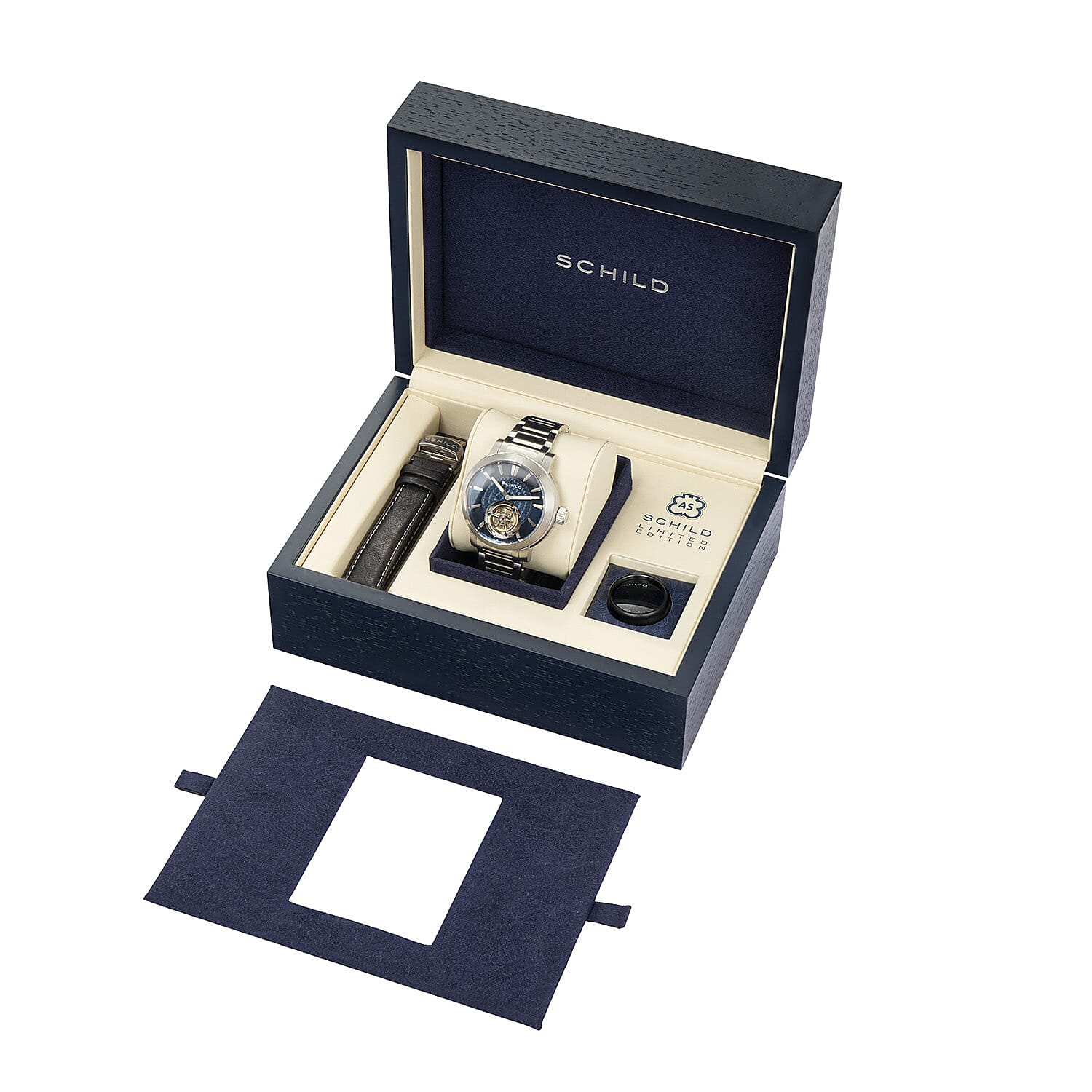 SCHILD Freidrich Tourbillon Limited Edition Navy Dial 10ATM Water Resistant Watch With Stainless Steel Bracelet - Leather Strap