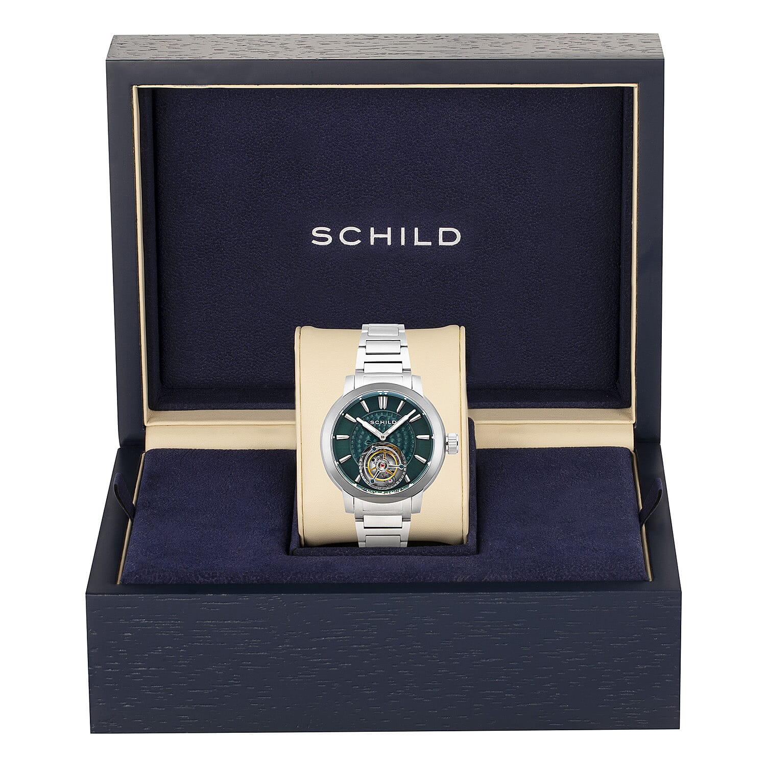 Limited Edition - SCHILD Freidrich Mechanical Tourbillon Deep Teal Dial 10ATM Water Resistant Watch With Stainless Steel Bracelet - Leather Strap