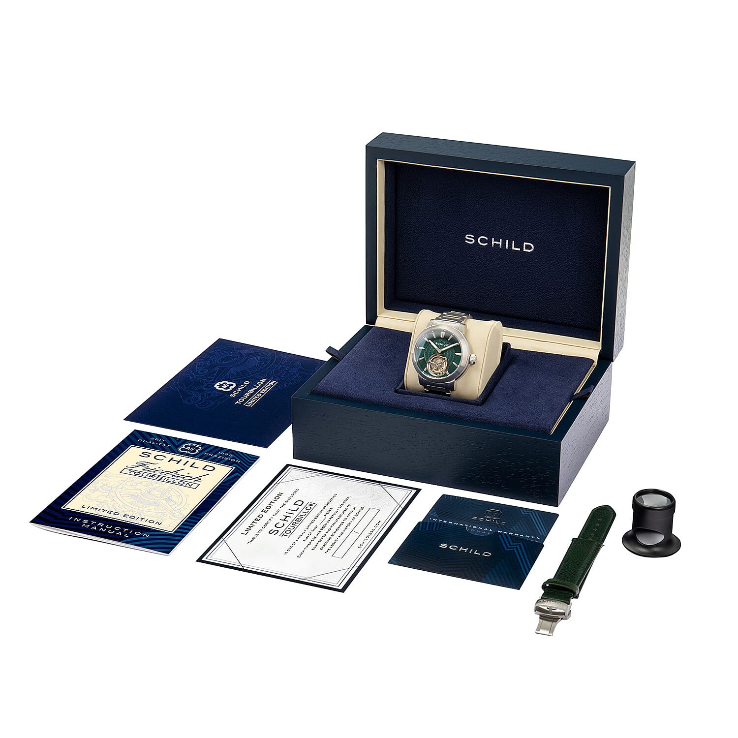 Limited Edition - SCHILD Freidrich Mechanical Tourbillon Deep Teal Dial 10ATM Water Resistant Watch With Stainless Steel Bracelet - Leather Strap