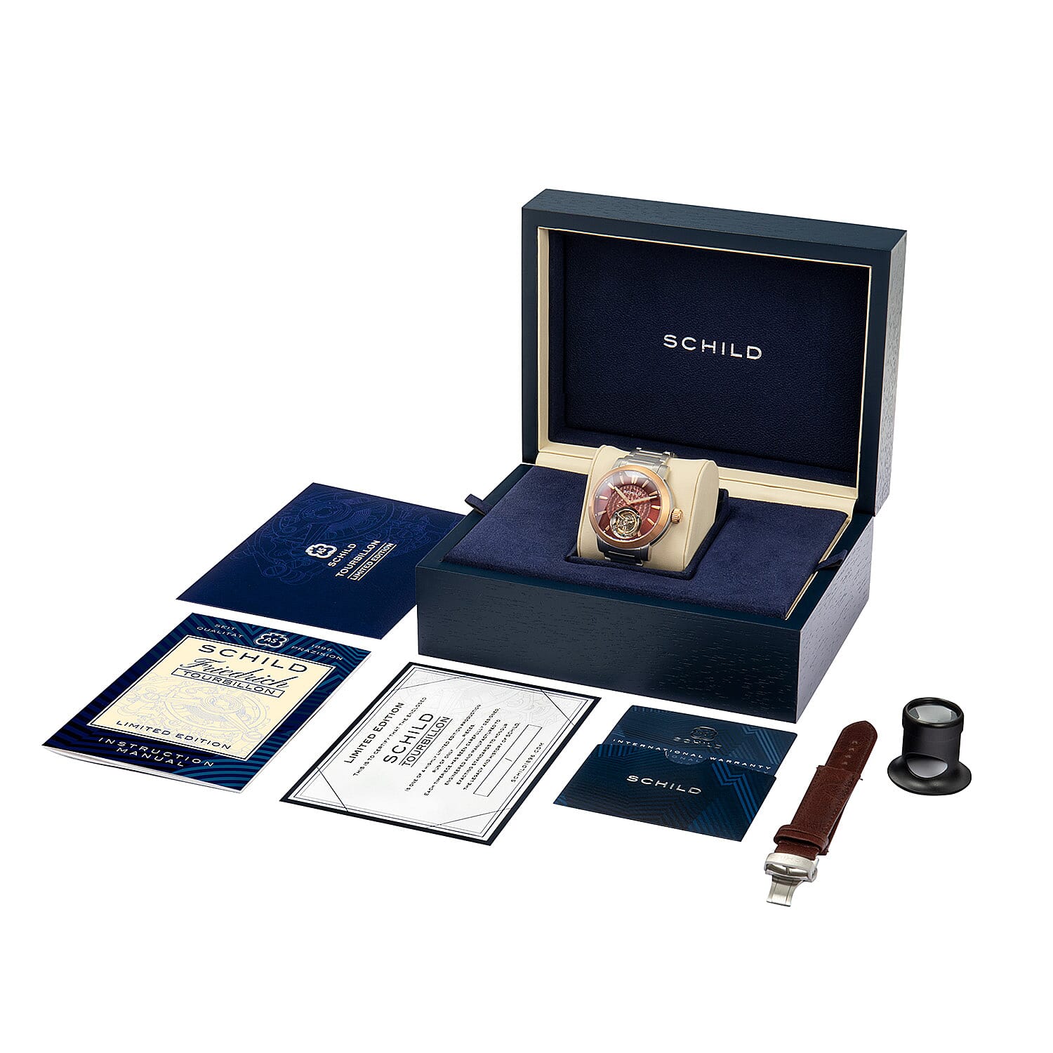 SCHILD Freidrich Mechanical Tourbillion Limited Edition Mens Red Dial 10ATM Water Resistant Watch With Stainless Steel Chain Bracelet & Red Strap