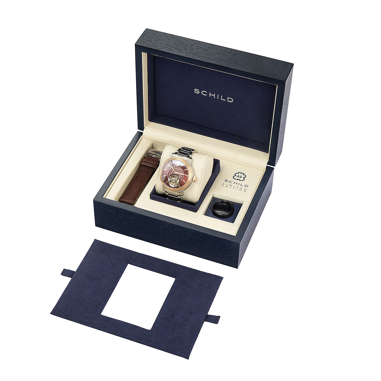 SCHILD Freidrich Mechanical Tourbillion Limited Edition Mens Red Dial 10ATM Water Resistant Watch With Stainless Steel Chain Bracelet & Red Strap