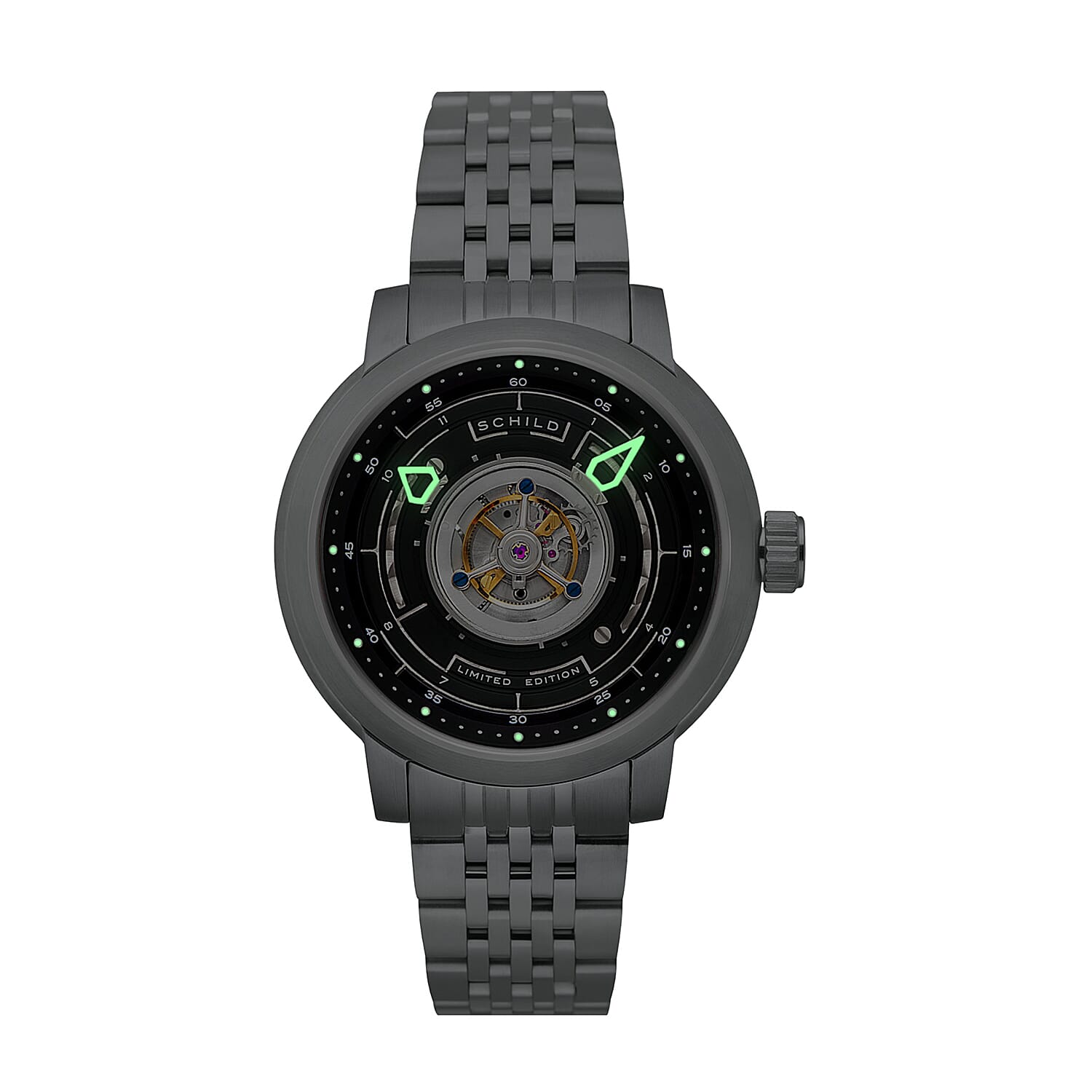 SCHILD Heinrich Cyclone Automatic Tourbillion Mens Black Dial 10ATM Water Resistant Watch With Stainless Steel Chain Bracelet & Black Strap