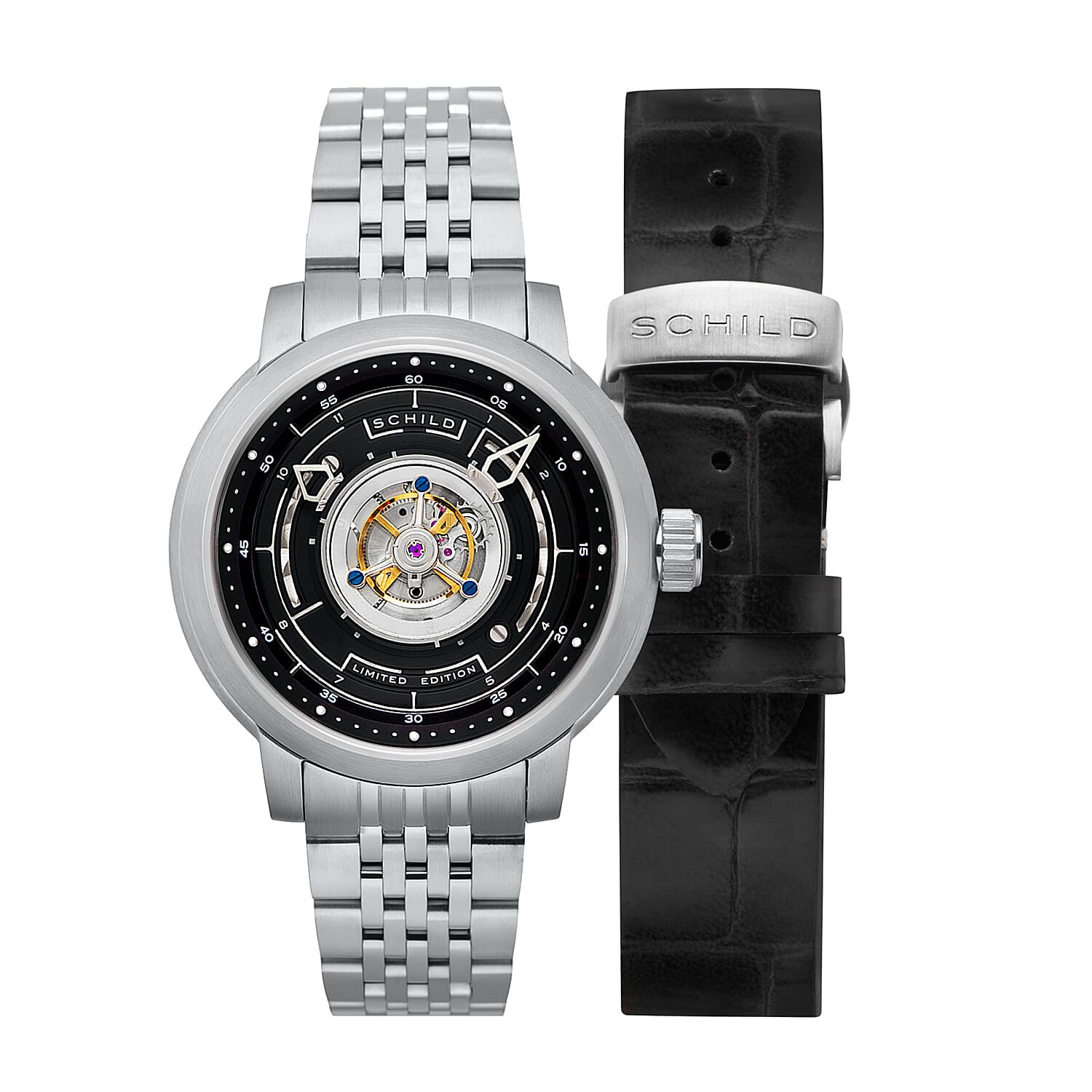 SCHILD Heinrich Cyclone Automatic Tourbillion Mens Black Dial 10ATM Water Resistant Watch With Stainless Steel Chain Bracelet & Black Strap