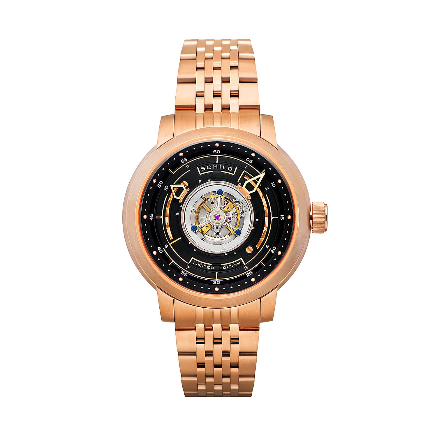 SCHILD Heinrich Cyclone Automatic Tourbillon Rose Gold Dial 10ATM Water Resistant Watch With Stainless Steel Bracelet & Leather Strap