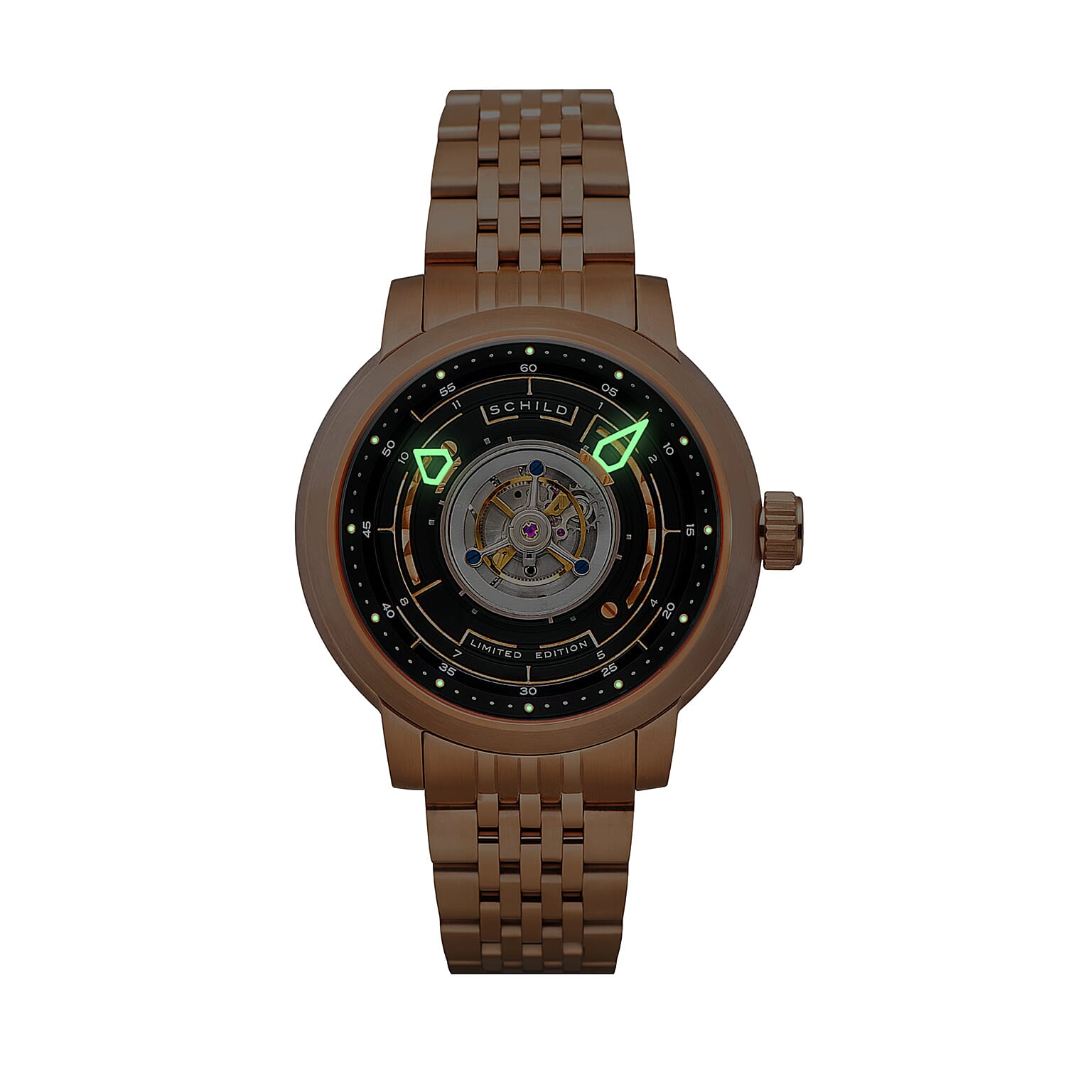 SCHILD Heinrich Cyclone Automatic Tourbillon Rose Gold Dial 10ATM Water Resistant Watch With Stainless Steel Bracelet & Leather Strap