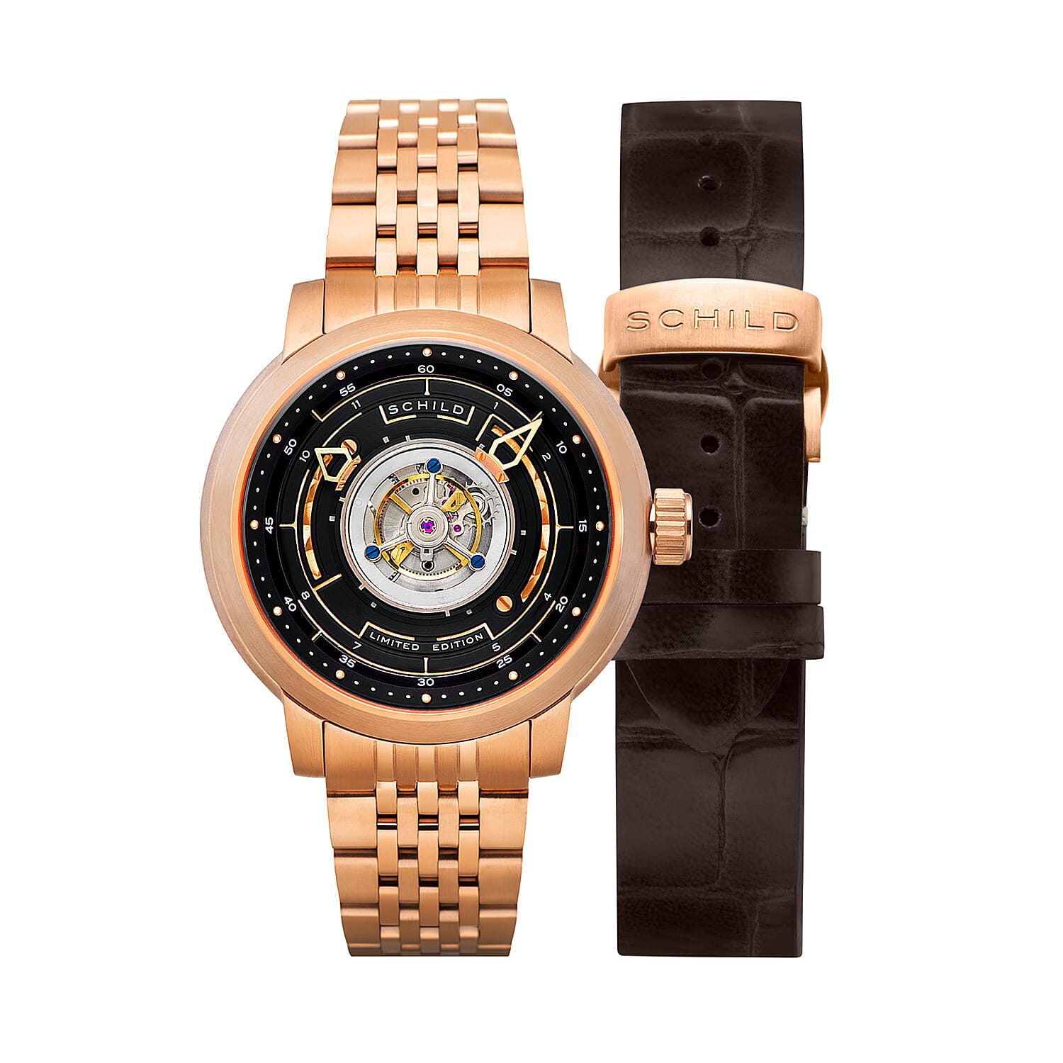 SCHILD Heinrich Cyclone Automatic Tourbillon Rose Gold Dial 10ATM Water Resistant Watch With Stainless Steel Bracelet & Leather Strap