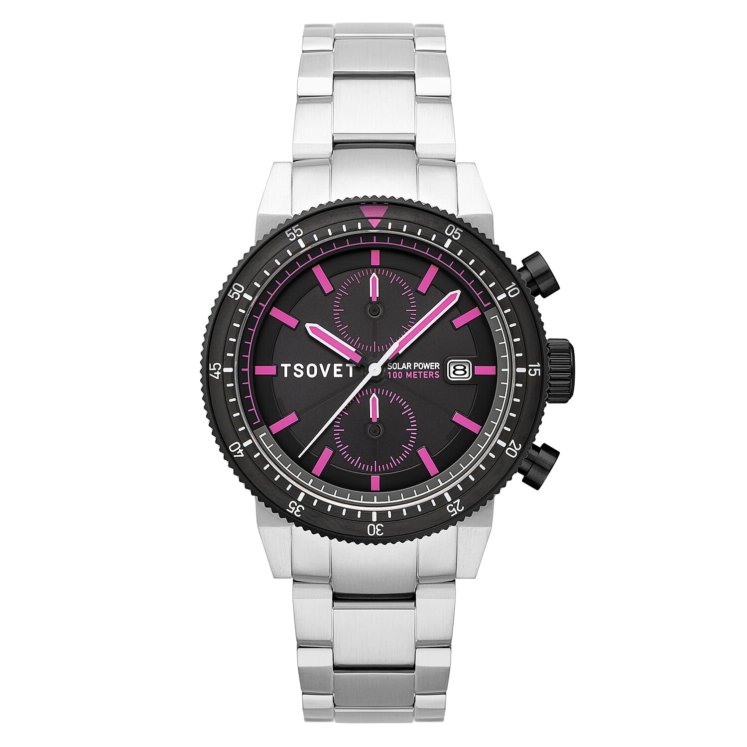 TSOVET Japanese Solar Powered With 3 Hands Date Undirectional Turning Bezel Neon Dial Mens Watch With Stainless Steel Chain Strap