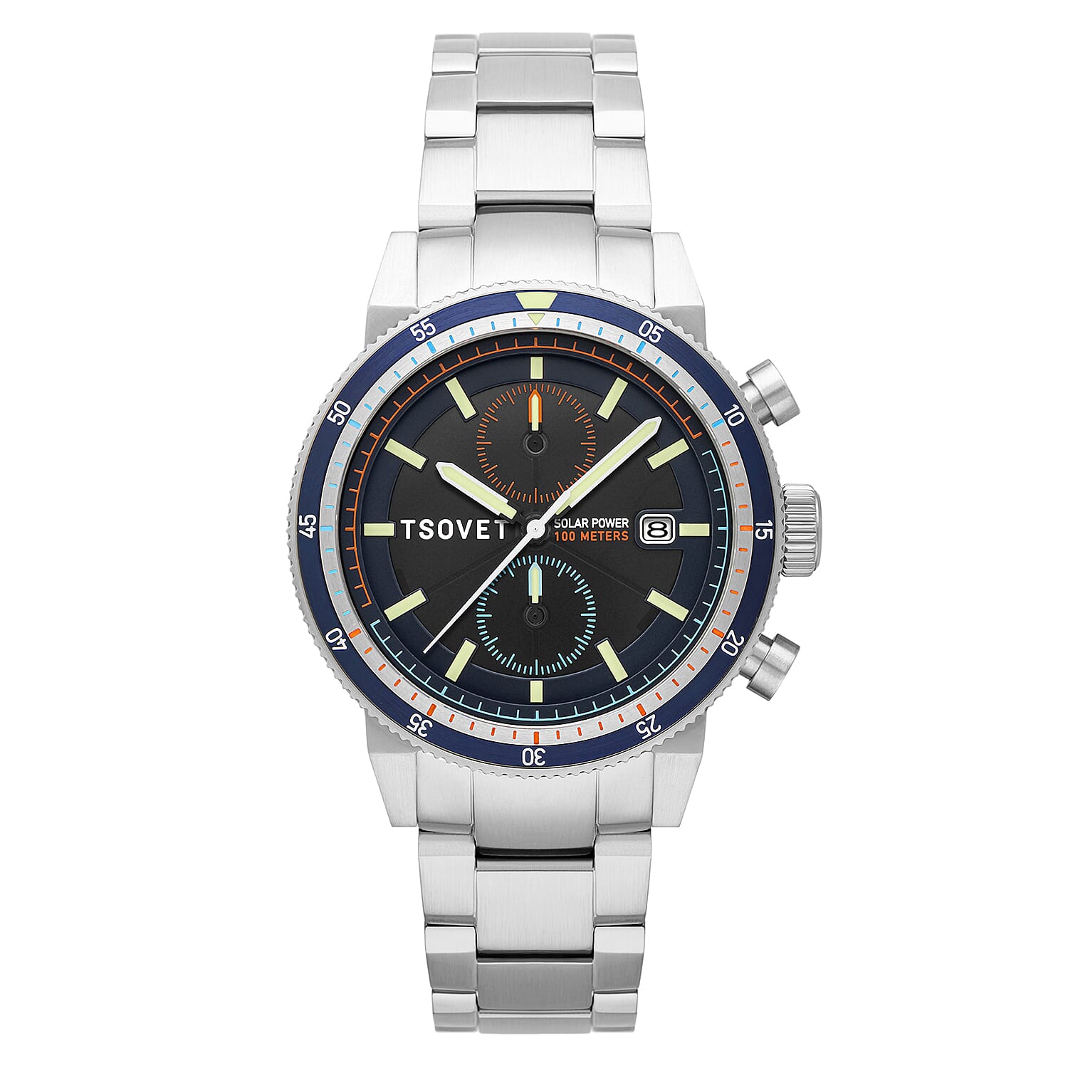 TSOVET Japanese Solar Powered With 3 Hands Date Undirectional Turning Bezel Deep Blue Dial Mens Watch With Stainless Steel Chain Strap