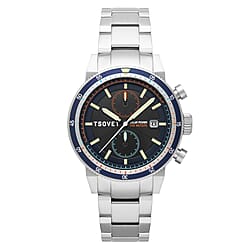 TSOVET Japanese Solar Powered With 3 Hands Date Undirectional Turning Bezel Deep Blue Dial Mens Watch With Stainless Steel Chain Strap