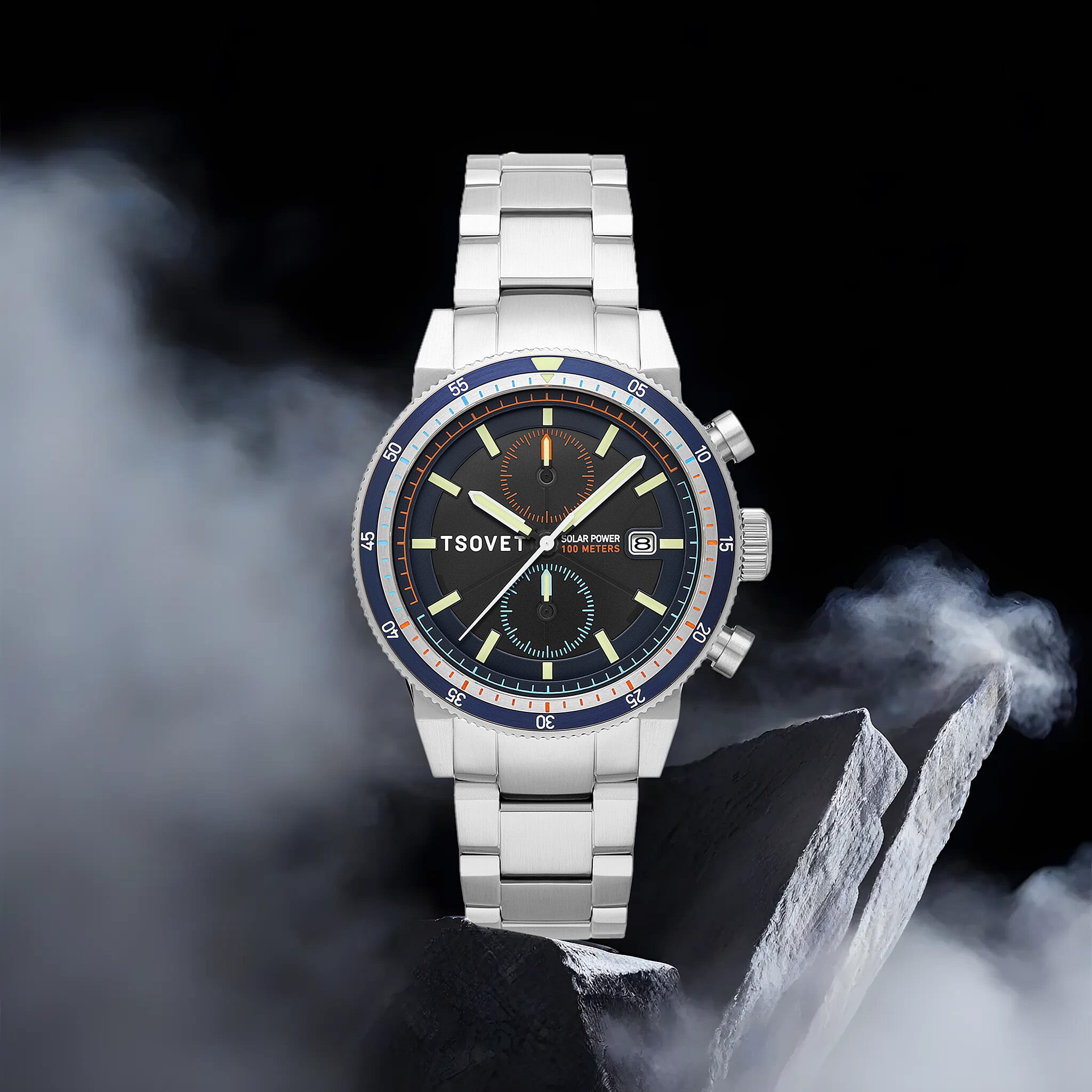 TSOVET Japanese Solar Powered With 3 Hands Date Undirectional Turning Bezel Deep Blue Dial Mens Watch With Stainless Steel Chain Strap