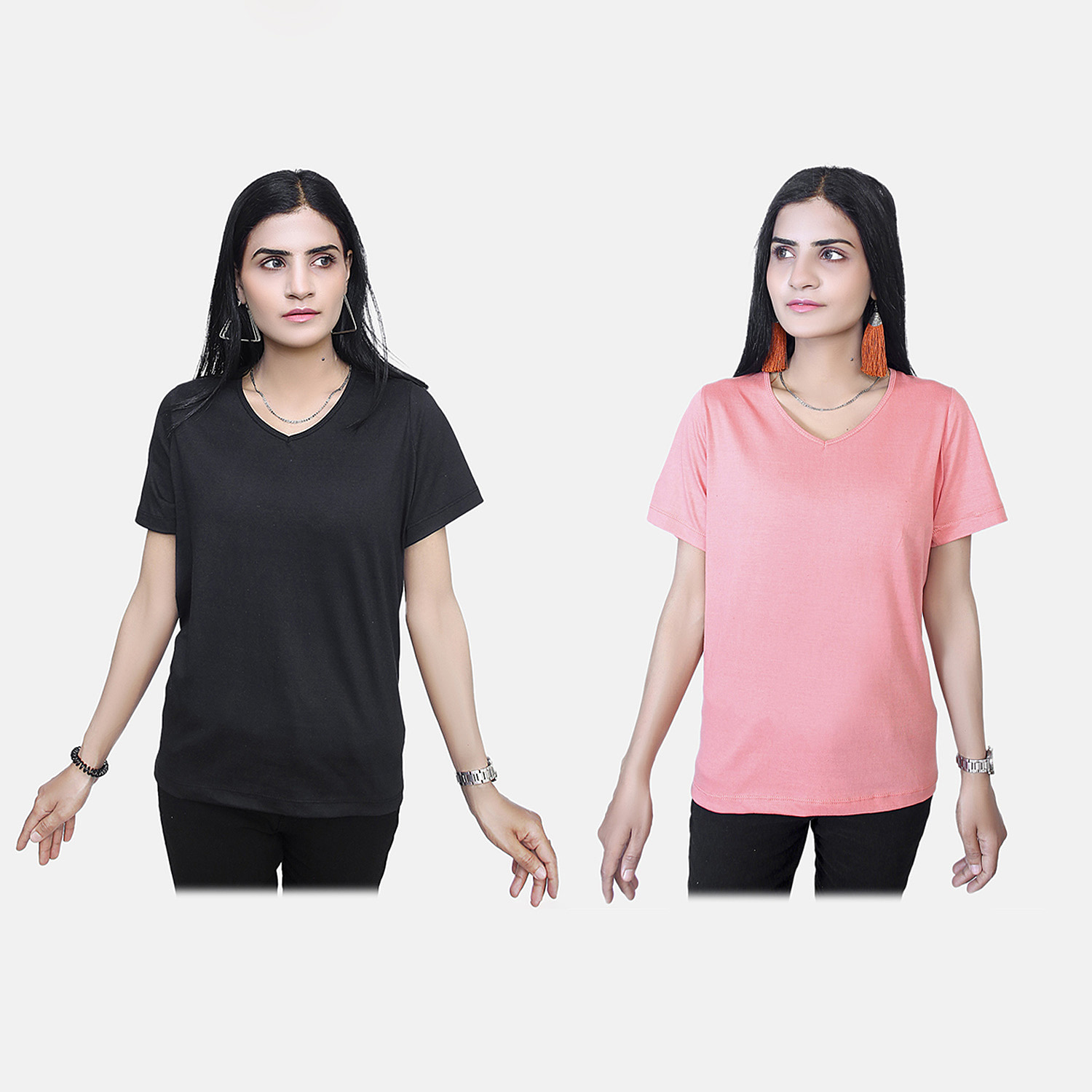 TAMSY Set of 2 Short Sleeve Classic V Neck Cotton Blend T-Shirt (Size S) - Black & Coral