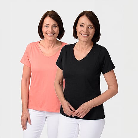 TAMSY Set of 2 Short Sleeve Classic V Neck Cotton Blend T-Shirt (Size S) - Black & Coral