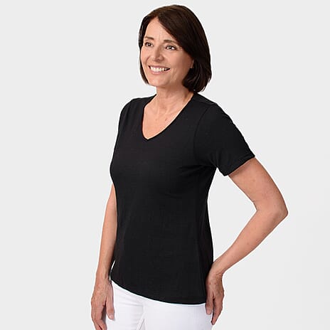 TAMSY Set of 2 Short Sleeve Classic V Neck Cotton Blend T-Shirt (Size S) - Black & Coral