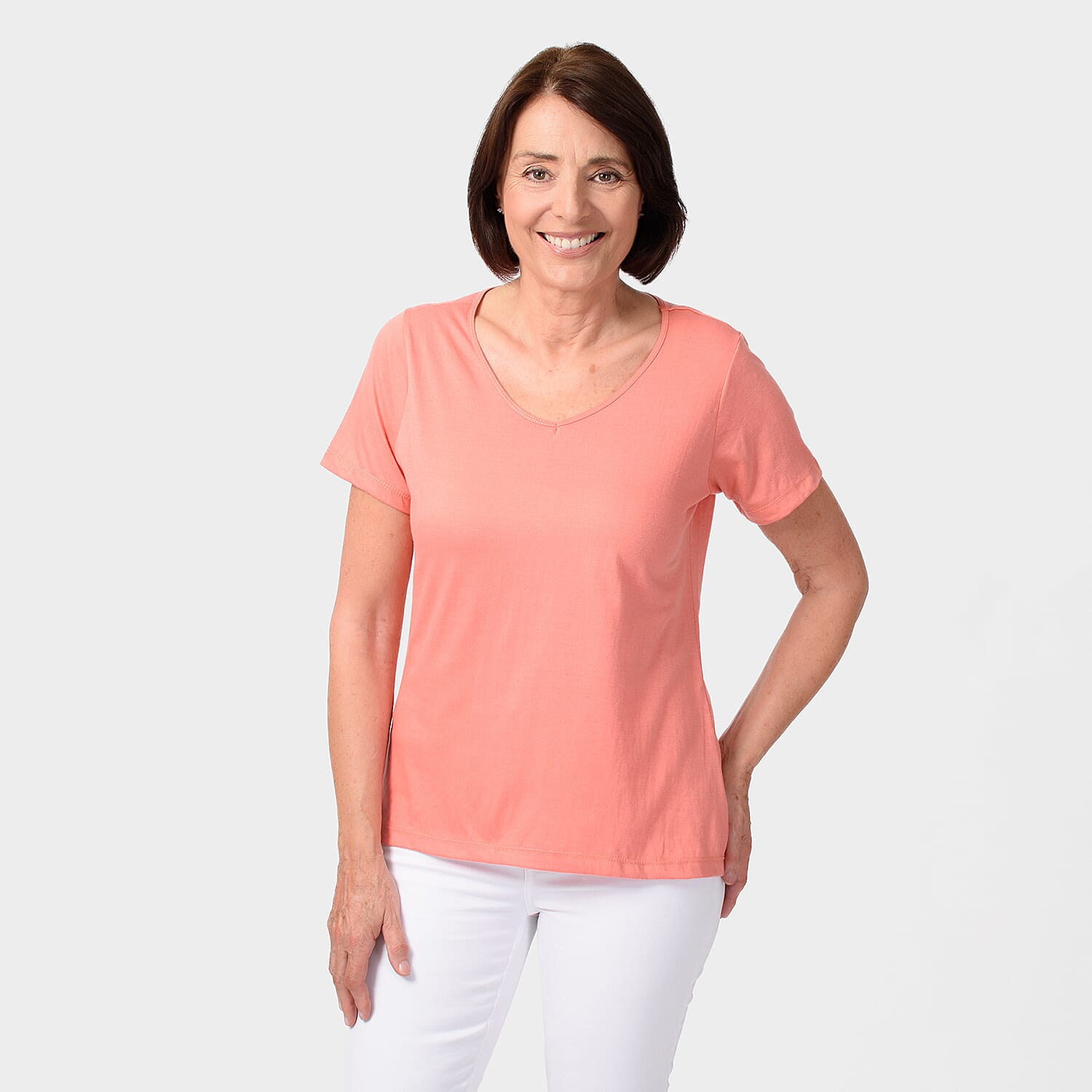TAMSY Set of 2 Short Sleeve Classic V Neck T-Shirt - Black & Coral TAMSY Set of 2 Short Sleeve Classic V Neck T-Shirt - Black & Coral