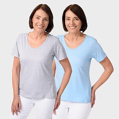 TAMSY Set of 2 Short Sleeve Classic V Neck Cotton Blend T-Shirt (Size S) - Sky Blue & Grey