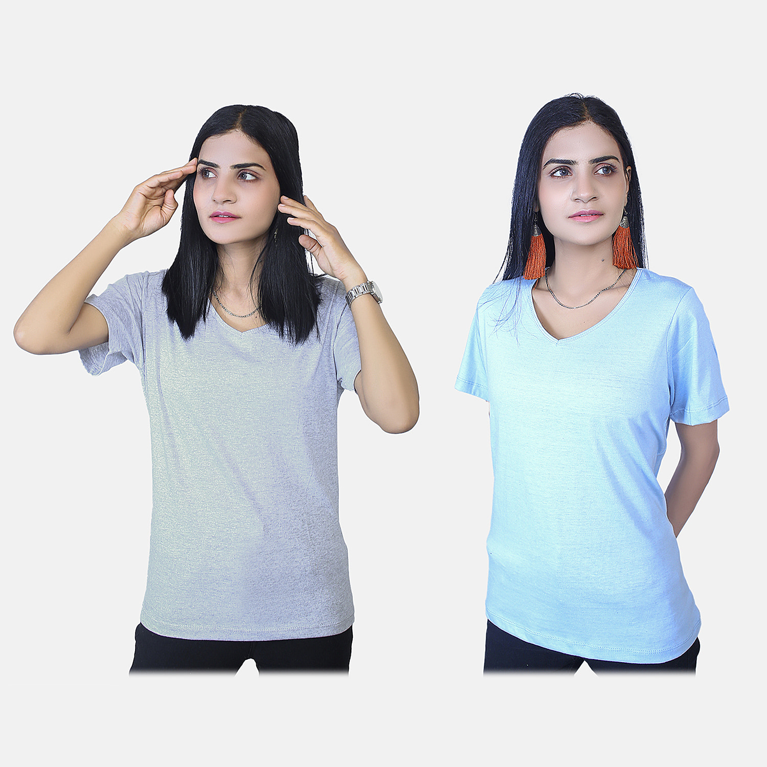 TAMSY Set of 2 Short Sleeve Classic V Neck Cotton Blend T-Shirt (Size M) - Sky Blue & Grey