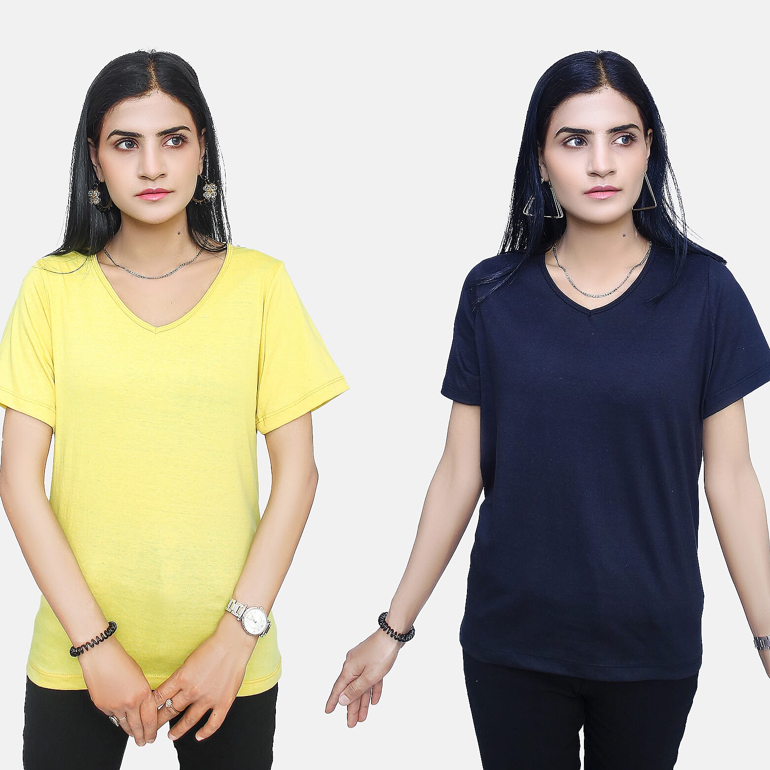 TAMSY Set of 2 Short Sleeve Classic V Neck T-Shirt (Size L) - Navy & Yellow