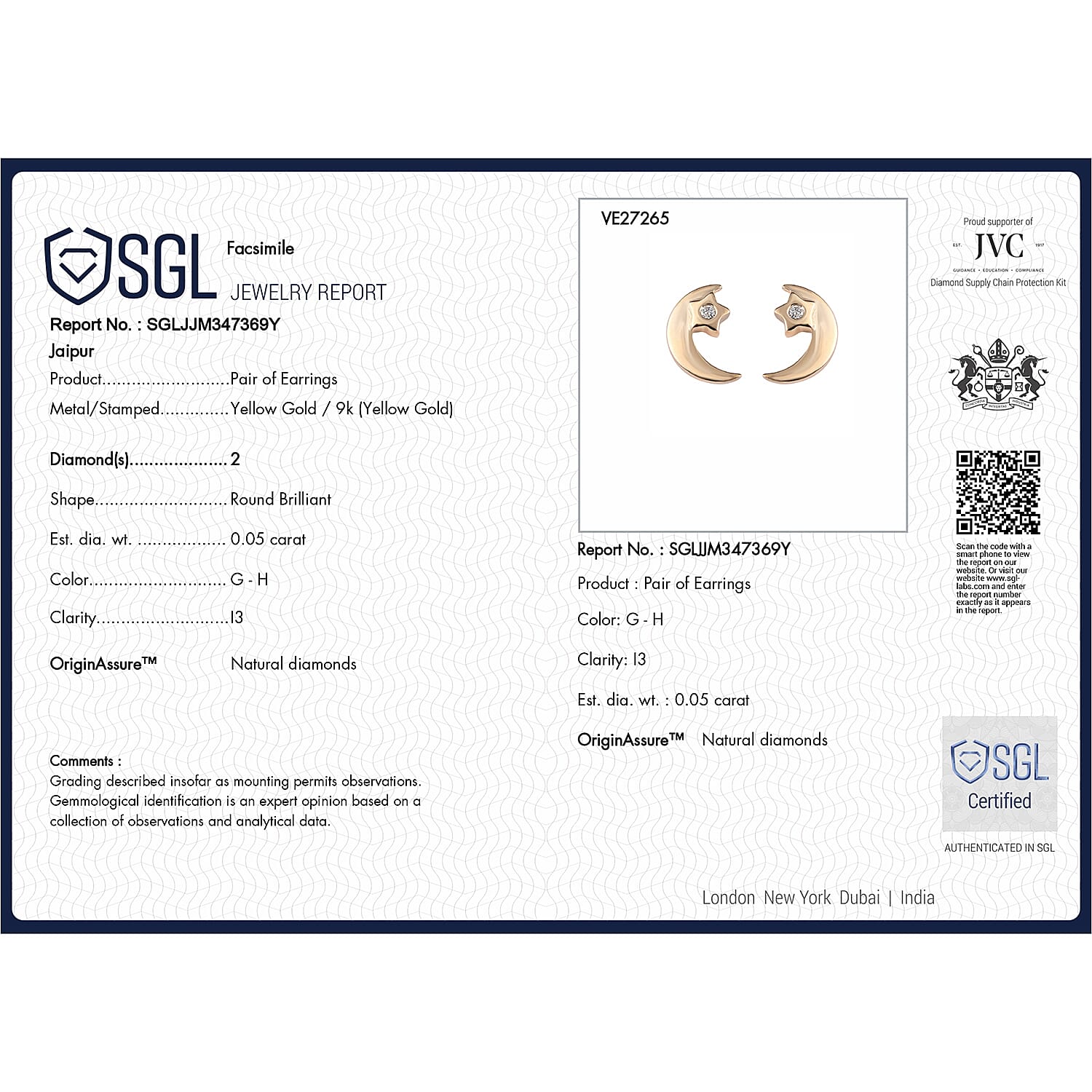 9K Yellow Gold SGL Certified Diamond Moon Earrings