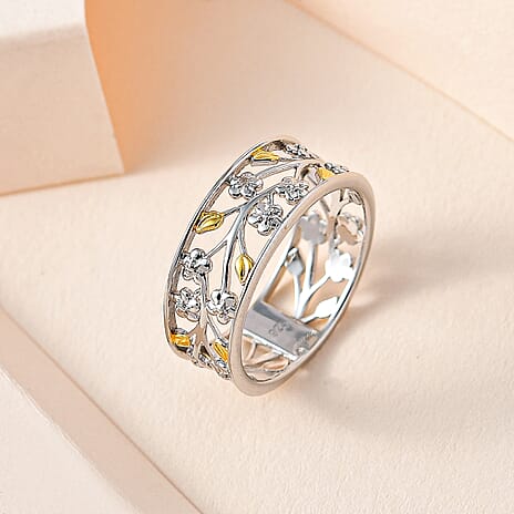 Diamond Floral & Leaf Band Ring in 18K Vermeil Yellow Gold Plated Sterling Silver