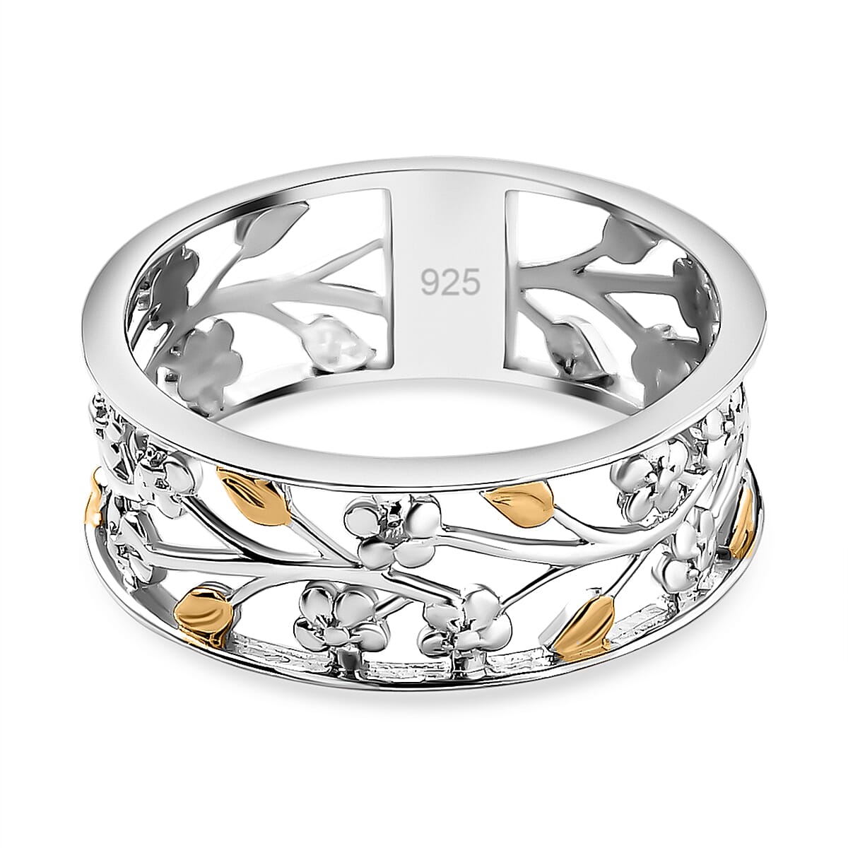Diamond Floral and Leaf Wedding Band Ring in Dual Tone Plated Sterling Silver