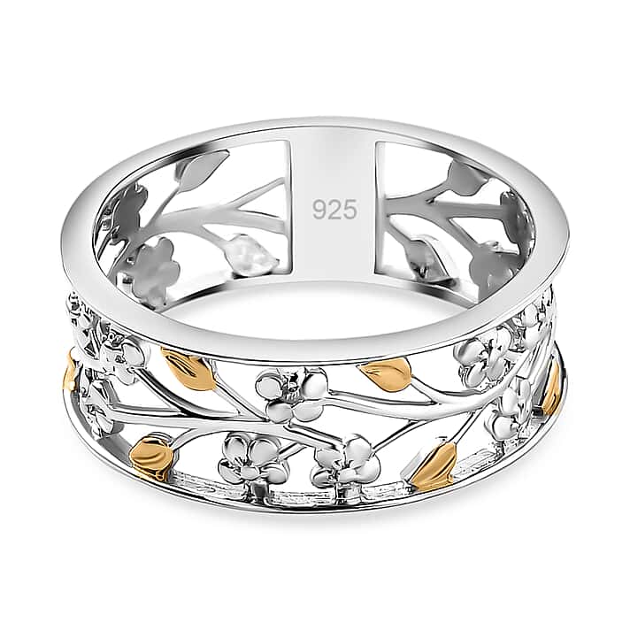 Diamond Floral and Leaf Wedding Band Ring in Dual Tone Plated Sterling Silver