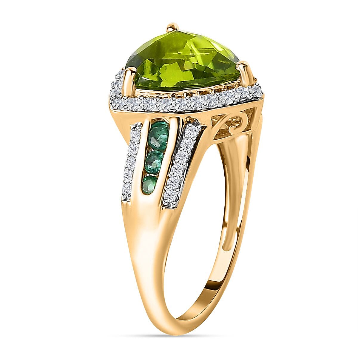 9K Yellow Gold Hebei Peridot, Emerald & Natural Zircon Ring 4.33 Ct