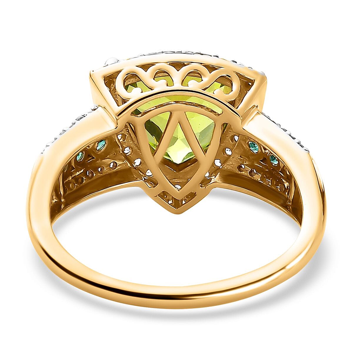 9K Yellow Gold Hebei Peridot, Emerald & Natural Zircon Ring 4.33 Ct