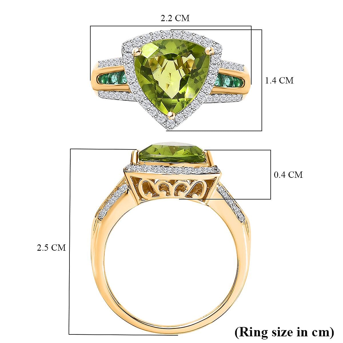 9K Yellow Gold Hebei Peridot, Emerald & Natural Zircon Ring 4.33 Ct