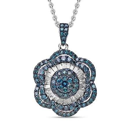 Designer Inspired- Blue Diamond and White Diamond Pendant in Platinum Overlay Sterling Silver 1.0 Ct.