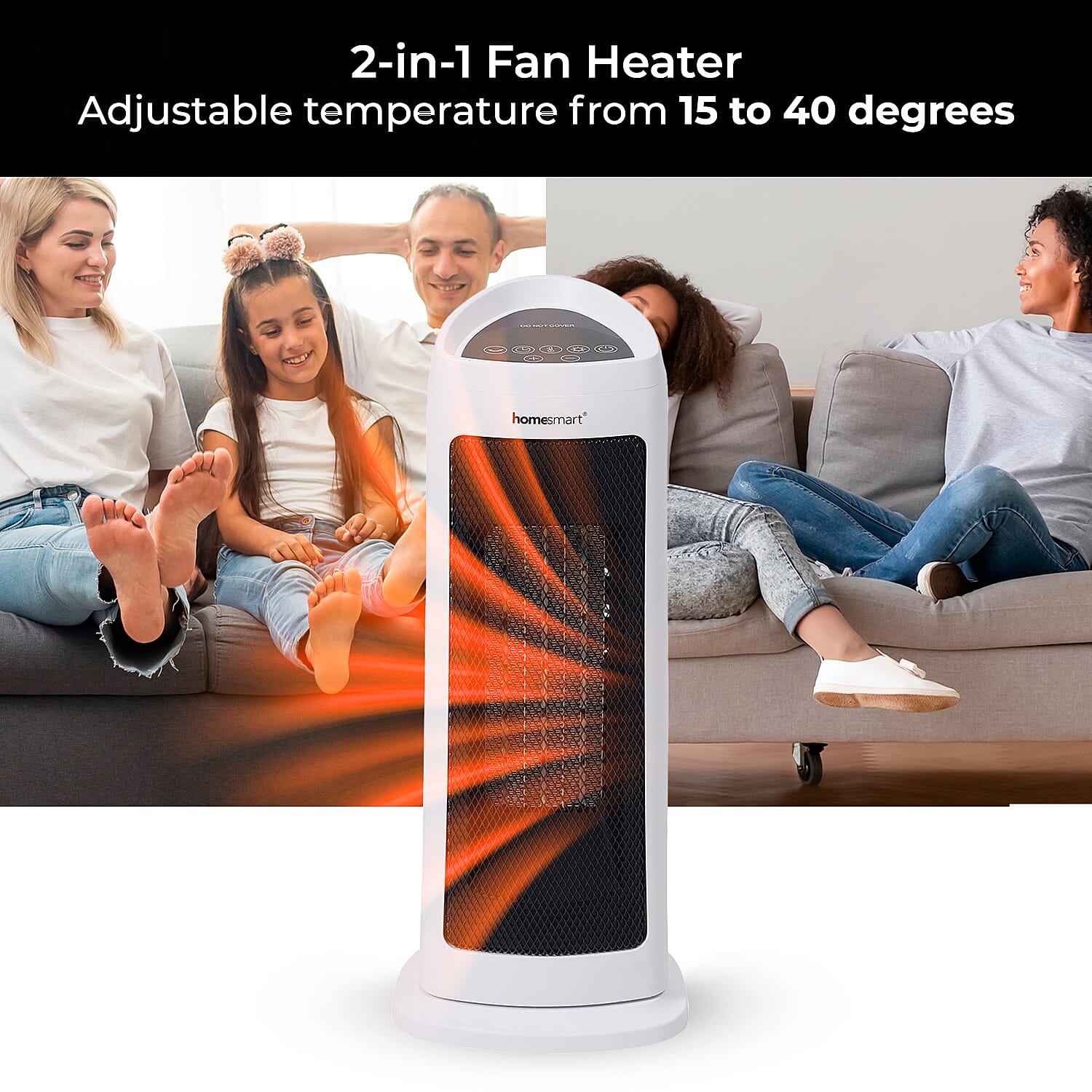 2 in 1 Fan Heater, Adjustable 15-40 Degrees, Timer, Overheat & Tip Over Protection with Remote