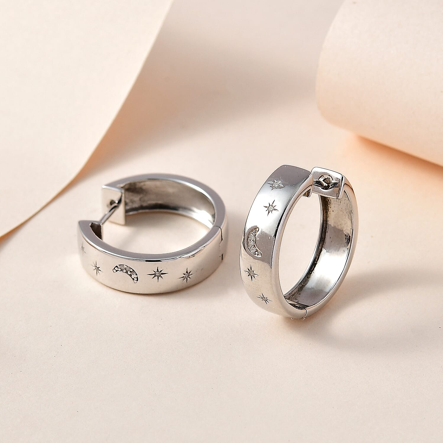 Diamond Moon & Star Hoop Earrings in Platinum Overlay Sterling Silver, Silver Wt 7.80 GM