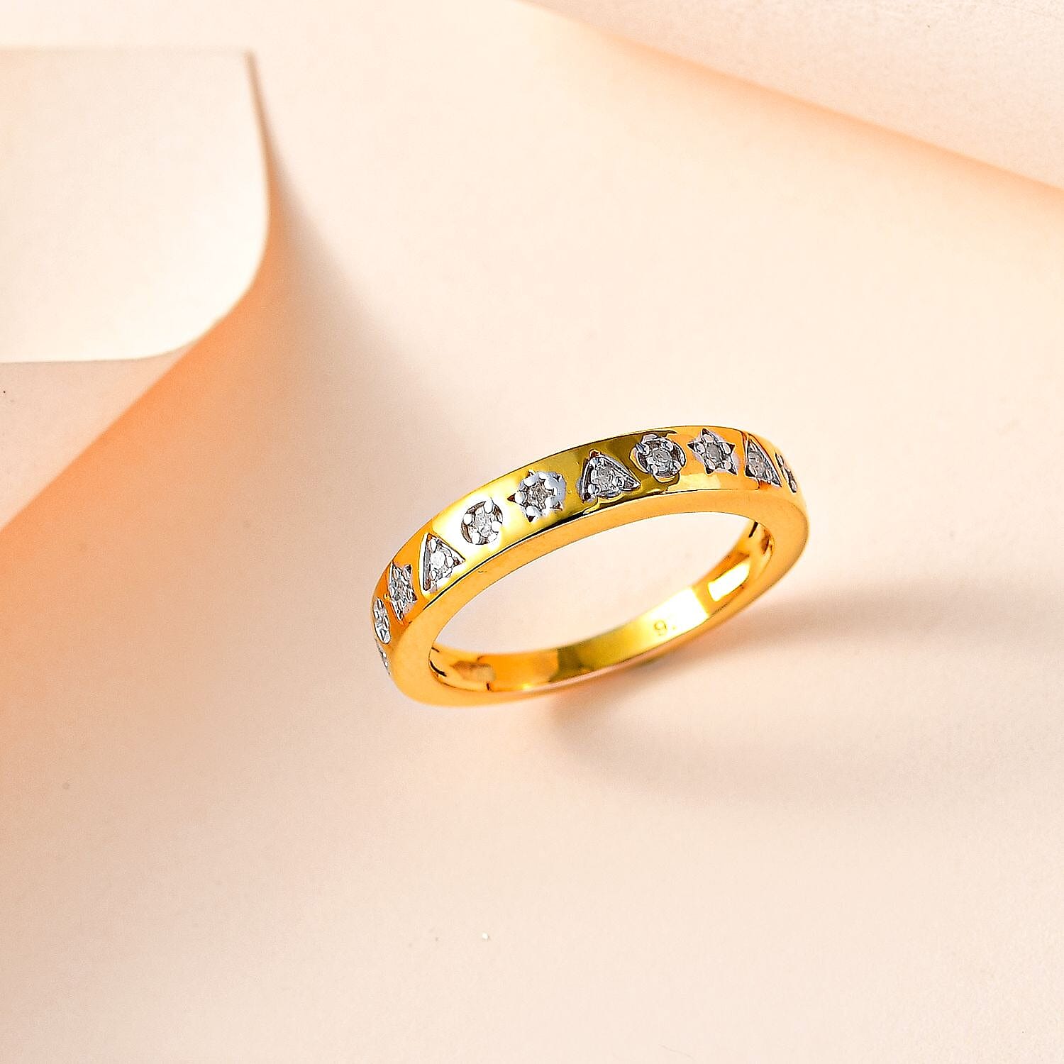 Diamond Half-Eternity Star & Triangle Band Ring in 18K Vermeil Yellow Gold Plated Sterling Silver 0.10 Ct