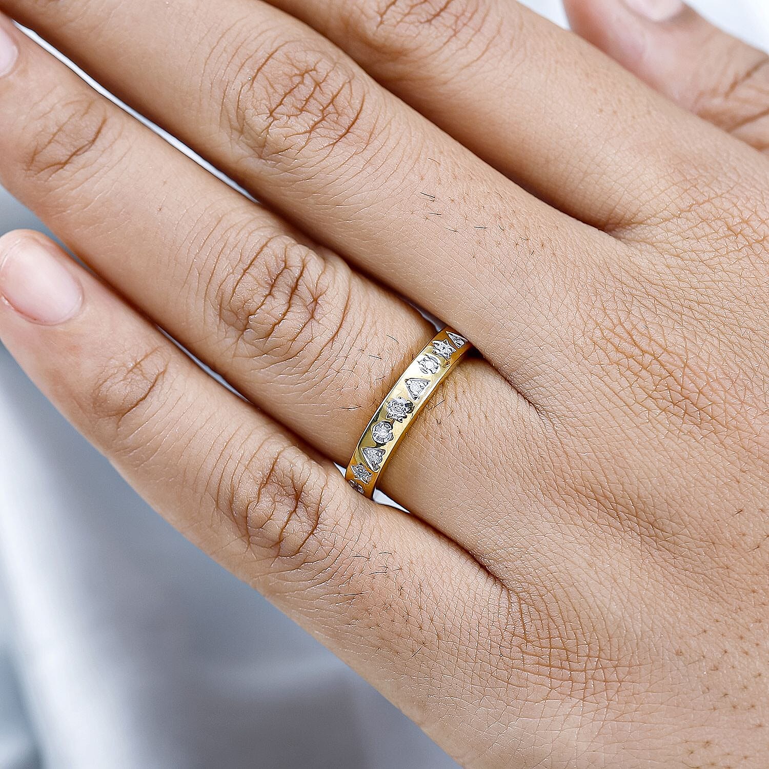 Diamond Half-Eternity Star & Triangle Band Ring in 18K Vermeil Yellow Gold Plated Sterling Silver 0.10 Ct