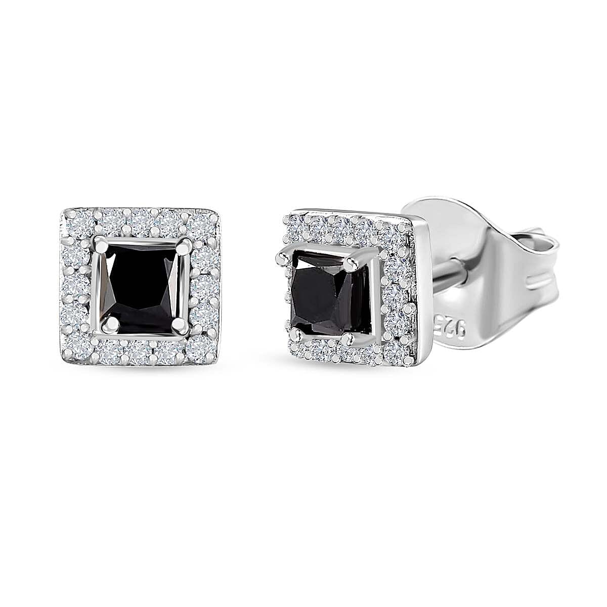 Black & White Diamond Stud Earrings in Platinum Overlay Sterling Silver 0.51 Ct