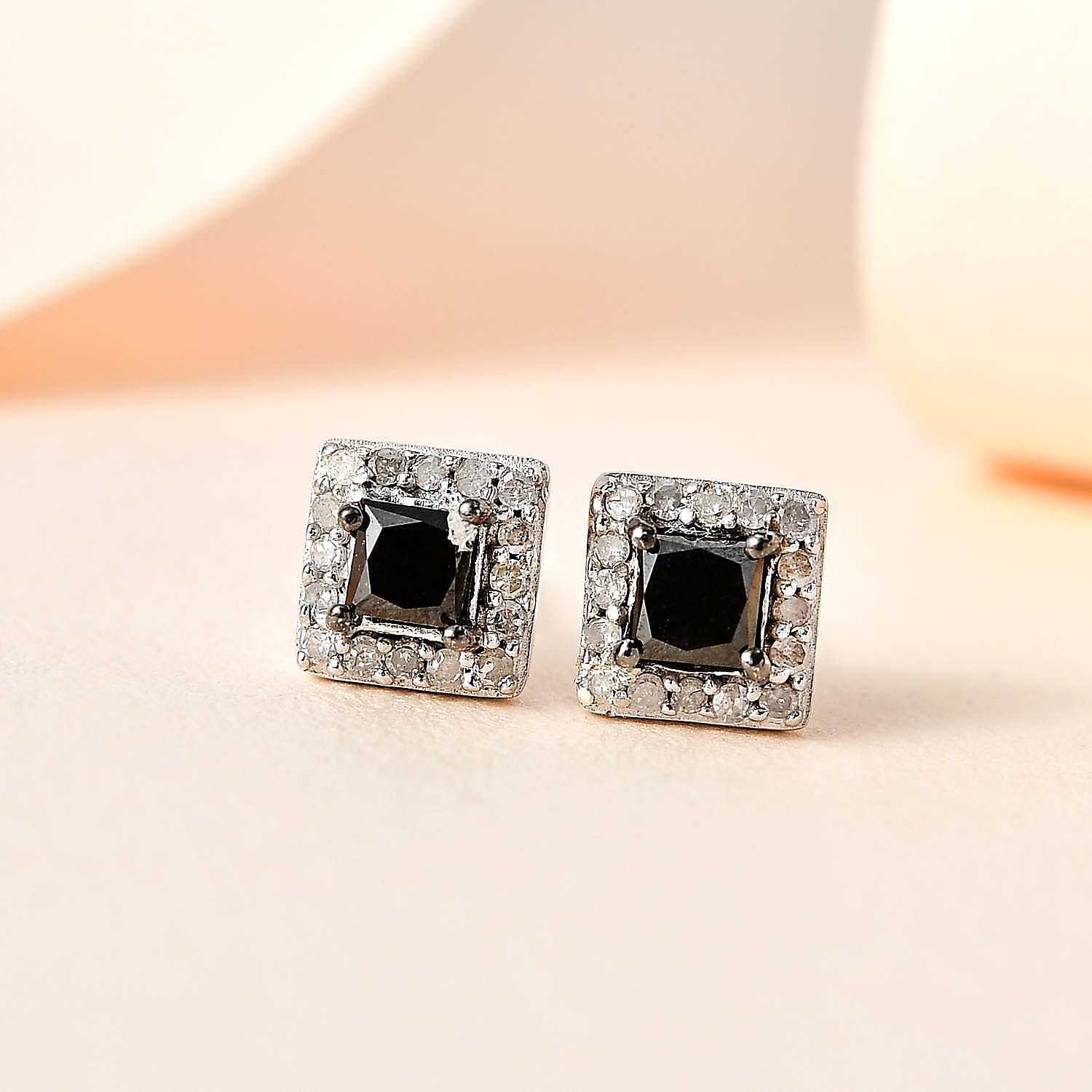 Black & White Diamond Stud Earrings in Platinum Overlay Sterling Silver 0.51 Ct