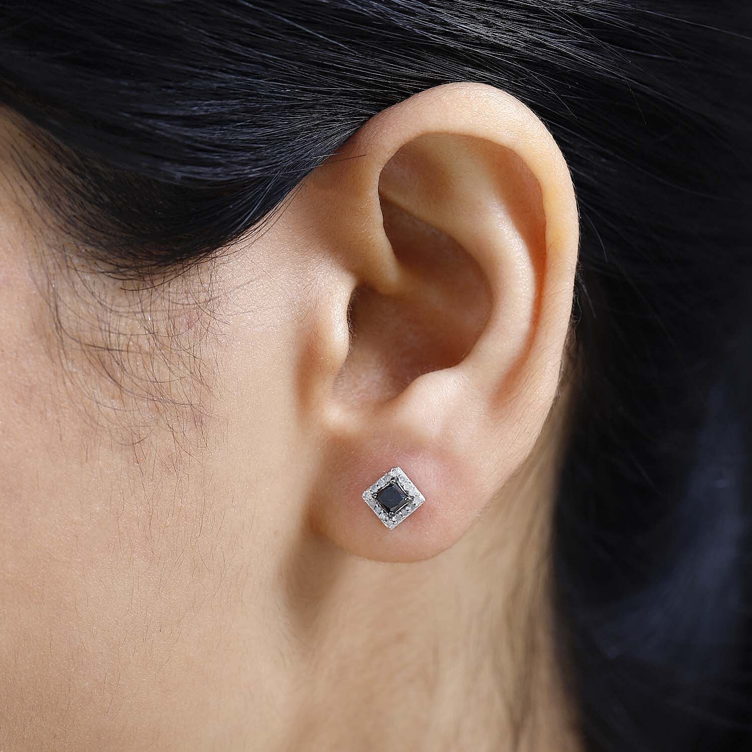 Black & White Diamond Stud Earrings in Platinum Overlay Sterling Silver 0.51 Ct