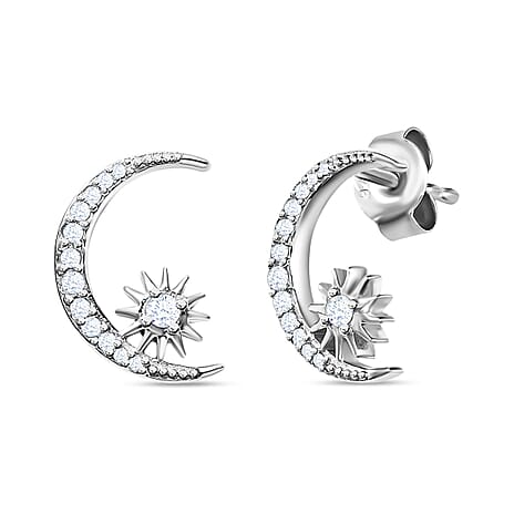 Diamond Moon Earrings in Platinum Overlay Sterling Silver 0.26 Ct