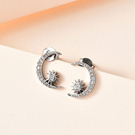 Diamond Moon Earrings in Platinum Overlay Sterling Silver 0.26 Ct