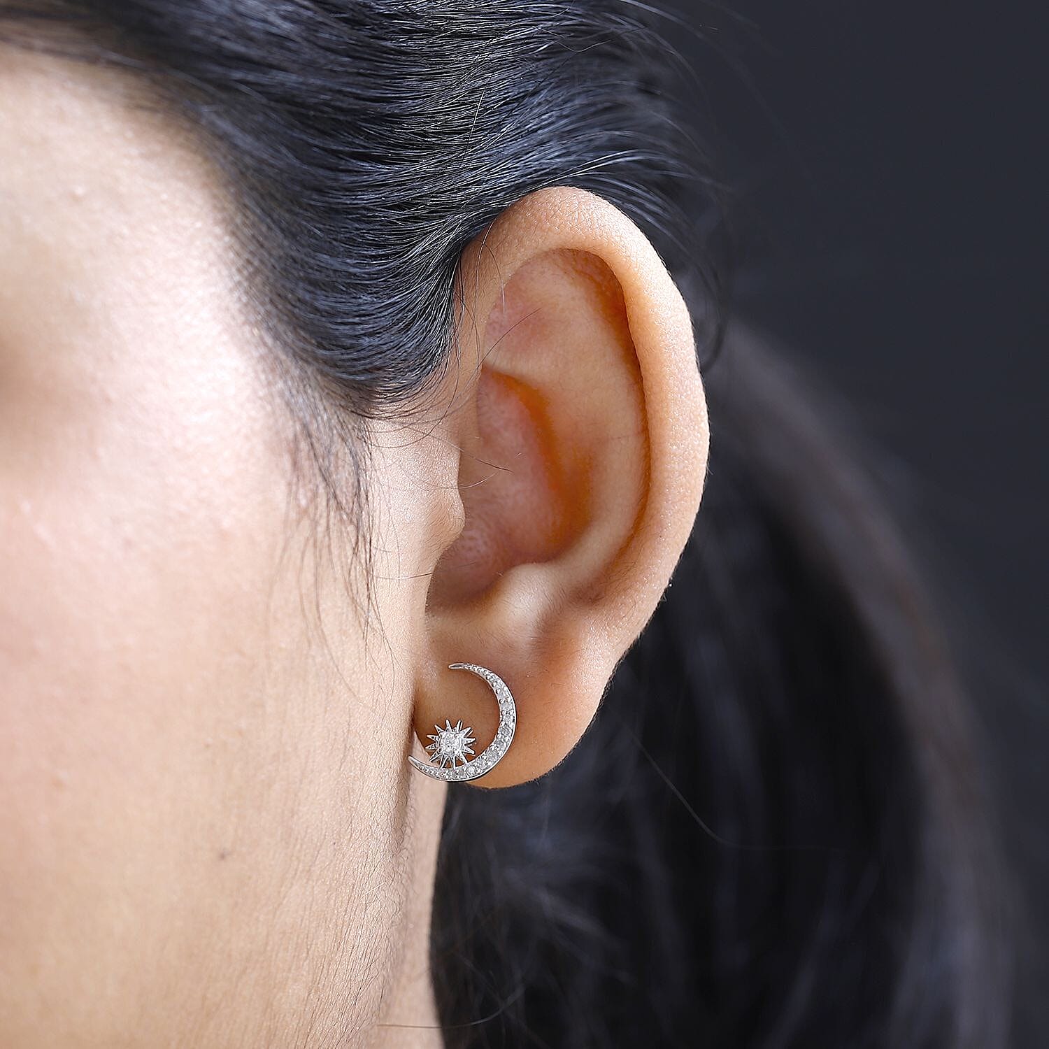 Diamond Moon Earrings in Platinum Overlay Sterling Silver 0.26 Ct
