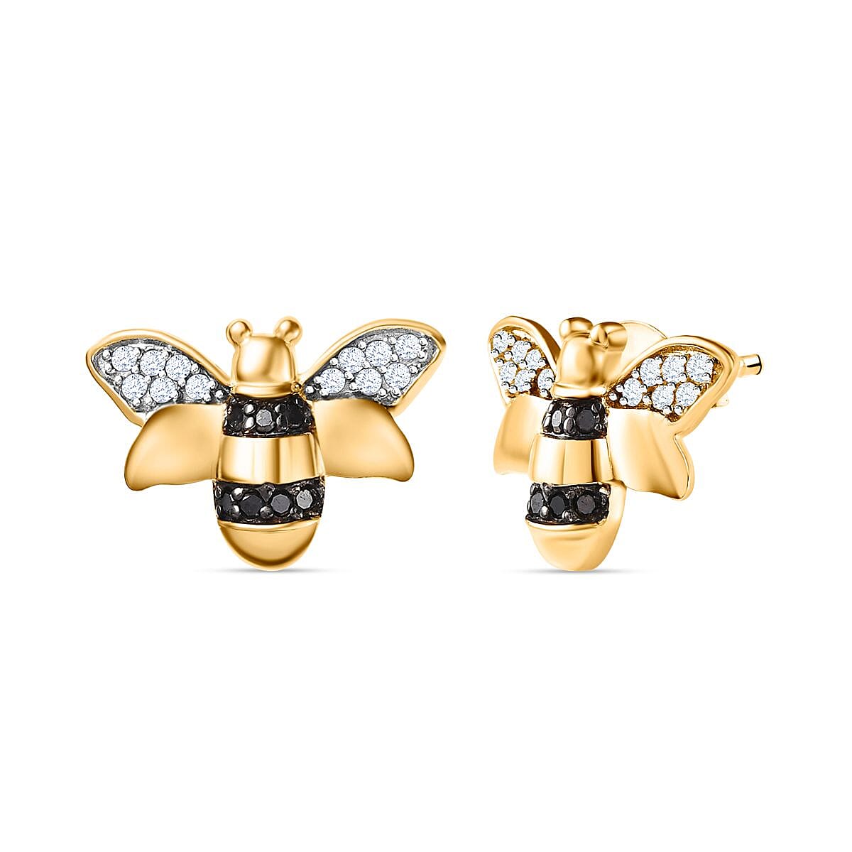 Black & White Diamond Bee Earrings in 18K Yellow Gold Vermeil Plated Sterling Silver 0.33 Ct.