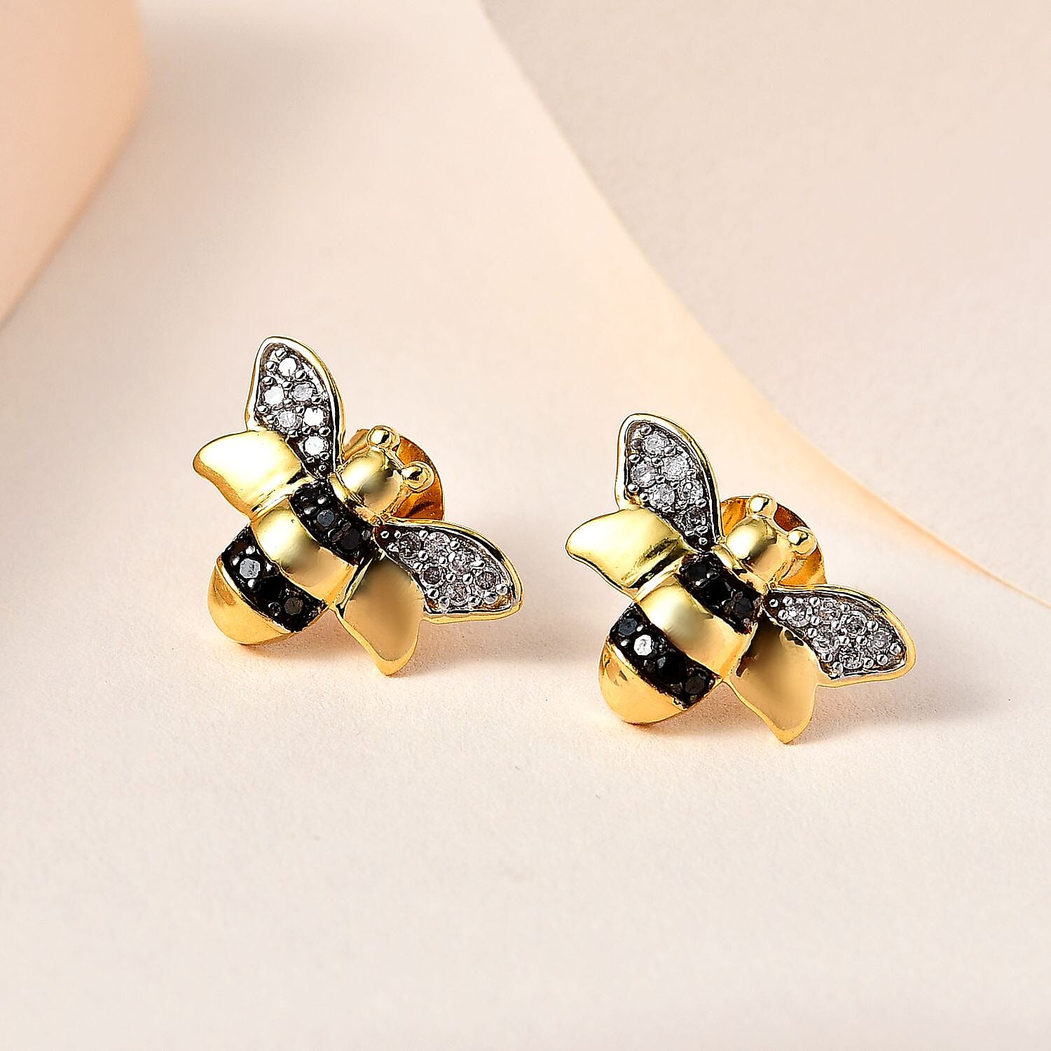 Black & White Diamond Bee Earrings in 18K Yellow Gold Vermeil Plated Sterling Silver 0.33 Ct.