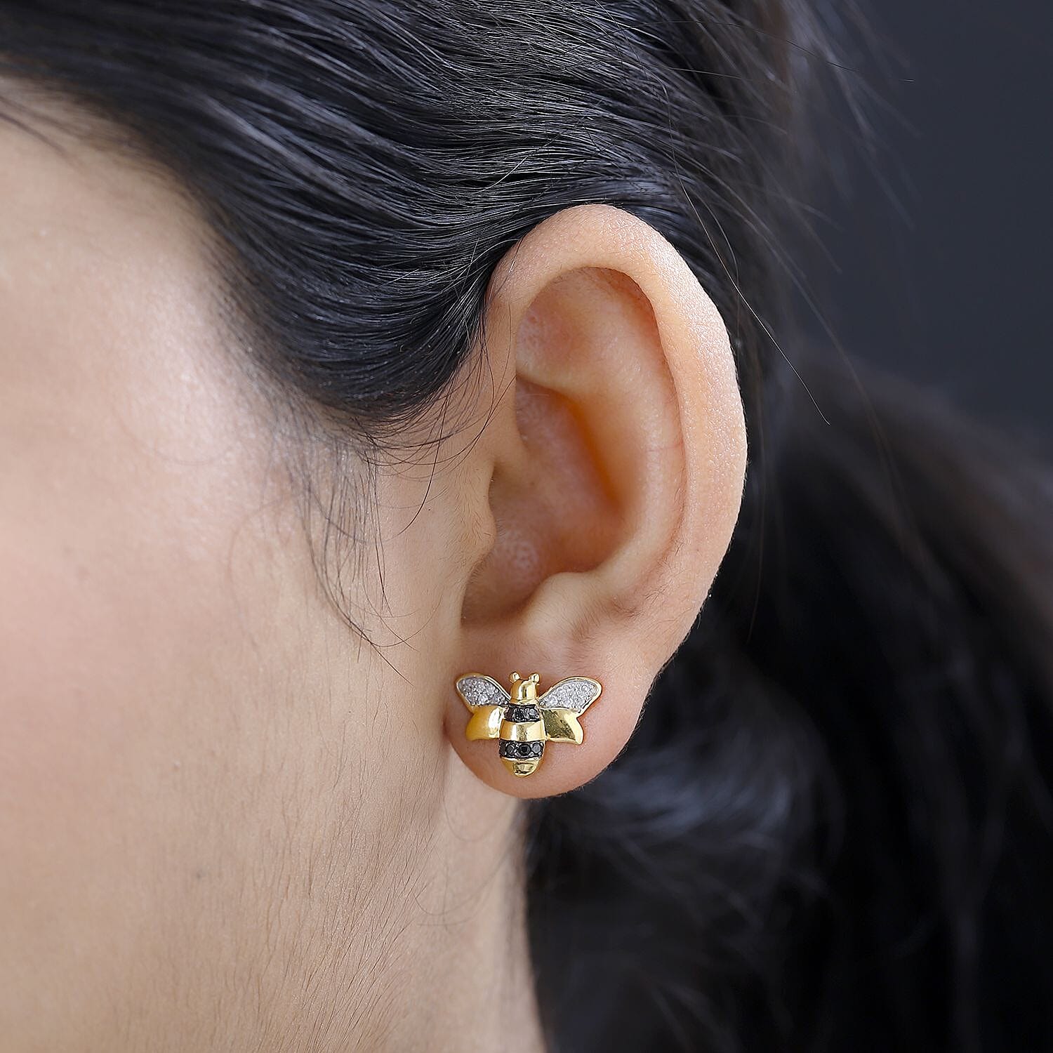 Black & White Diamond Bee Earrings in 18K Yellow Gold Vermeil Plated Sterling Silver 0.33 Ct.